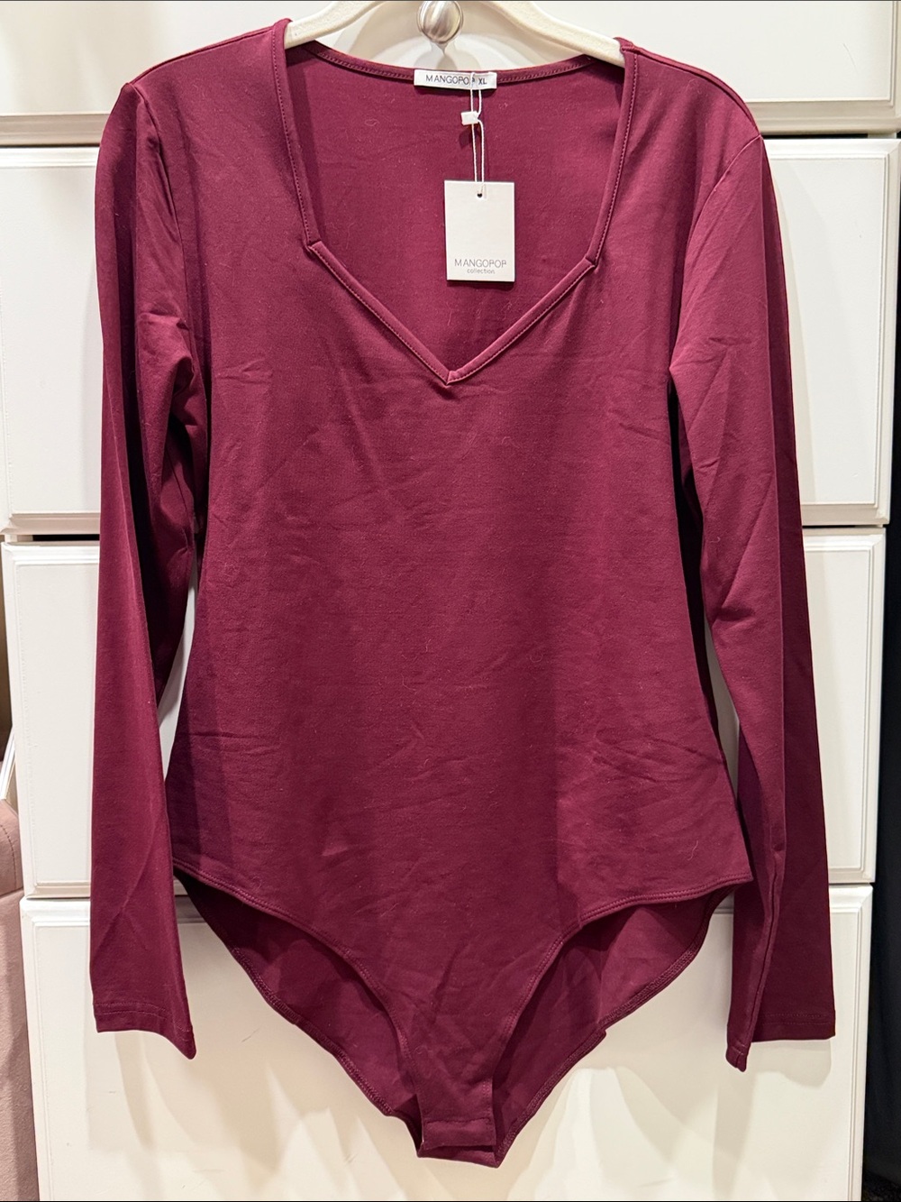 NWT Mangopop Deep Wine V-Neck Long-Sleeve Bodysuit